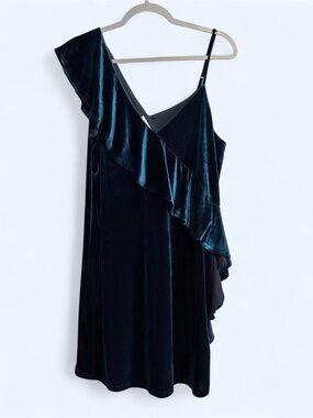 Collective Concepts Asymmetrical Velvet Ruffle Dress in Teal